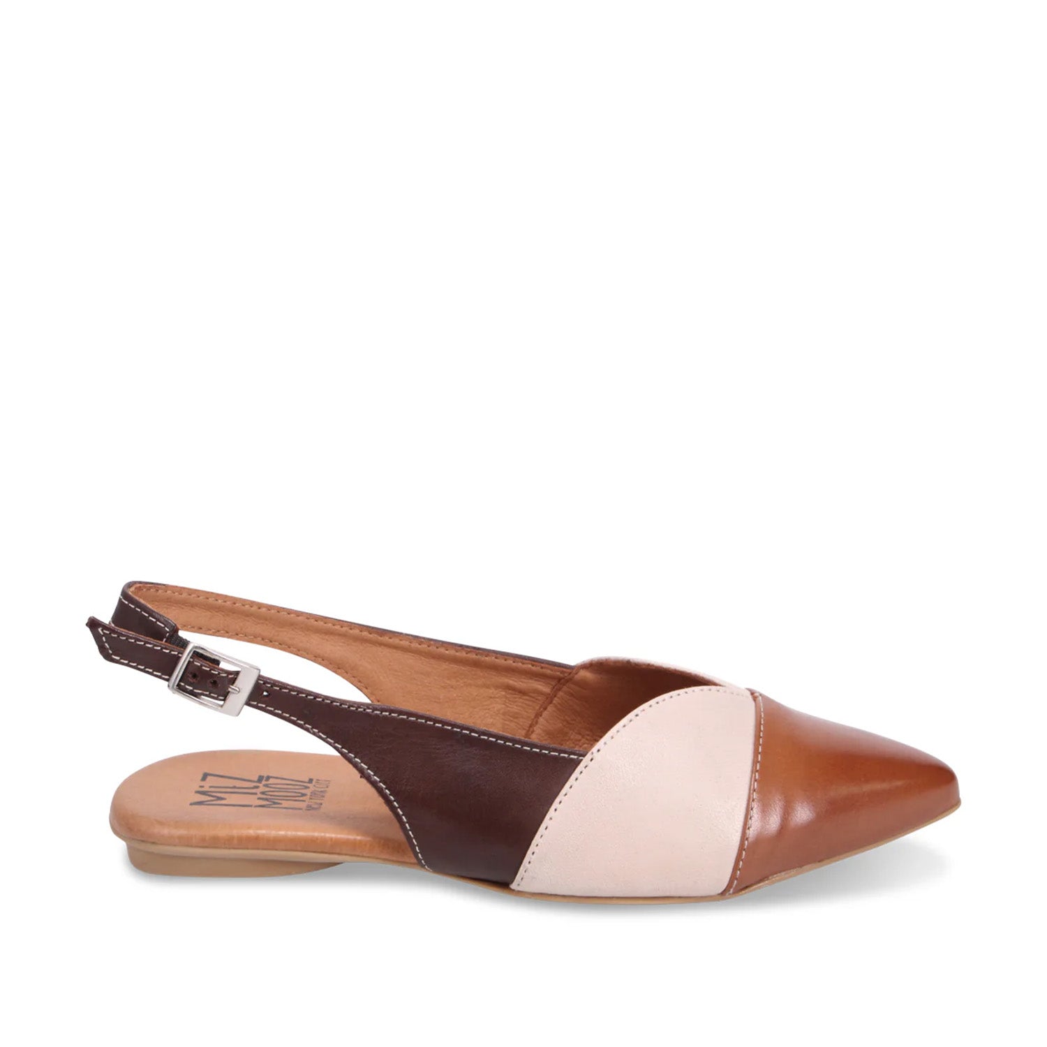 Multicolor leather slingback flat with a pointed toe on a white background.