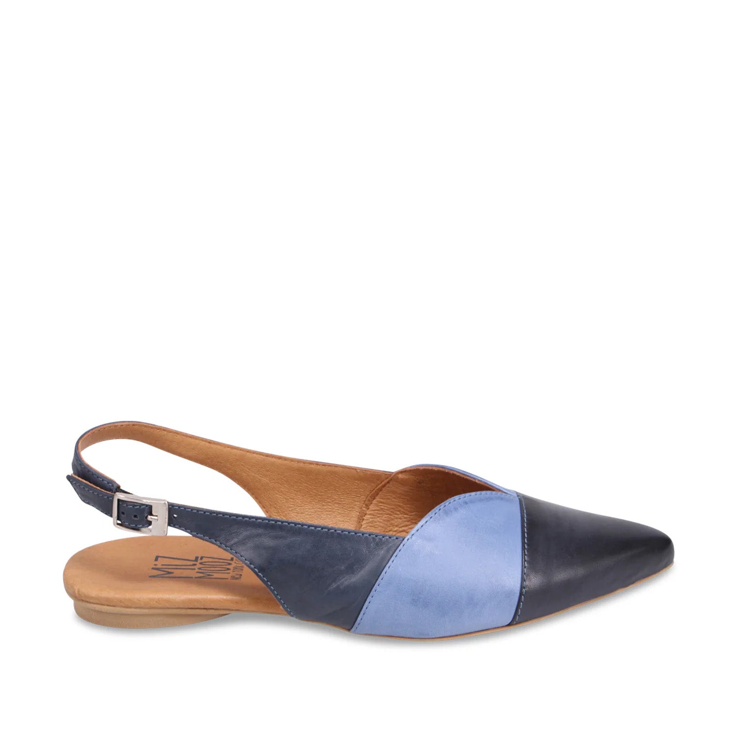 Multicolor leather slingback flat with a pointed toe on a white background.