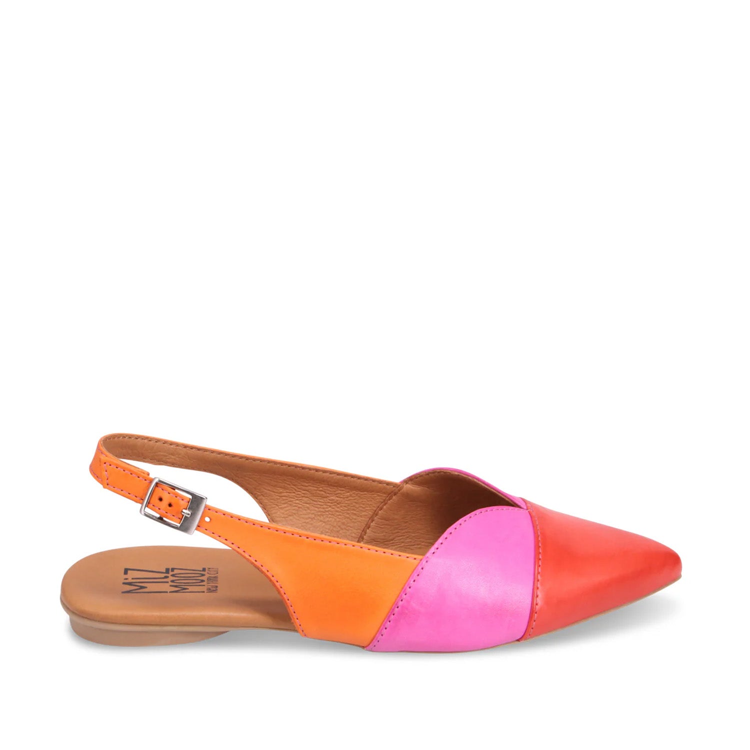 Multicolor leather slingback flat with a pointed toe on a white background.