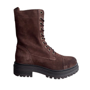 brown suede lace-up combat boot with chunky lug sole on a white background