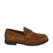  cognac brown suede penny loafer on a white background