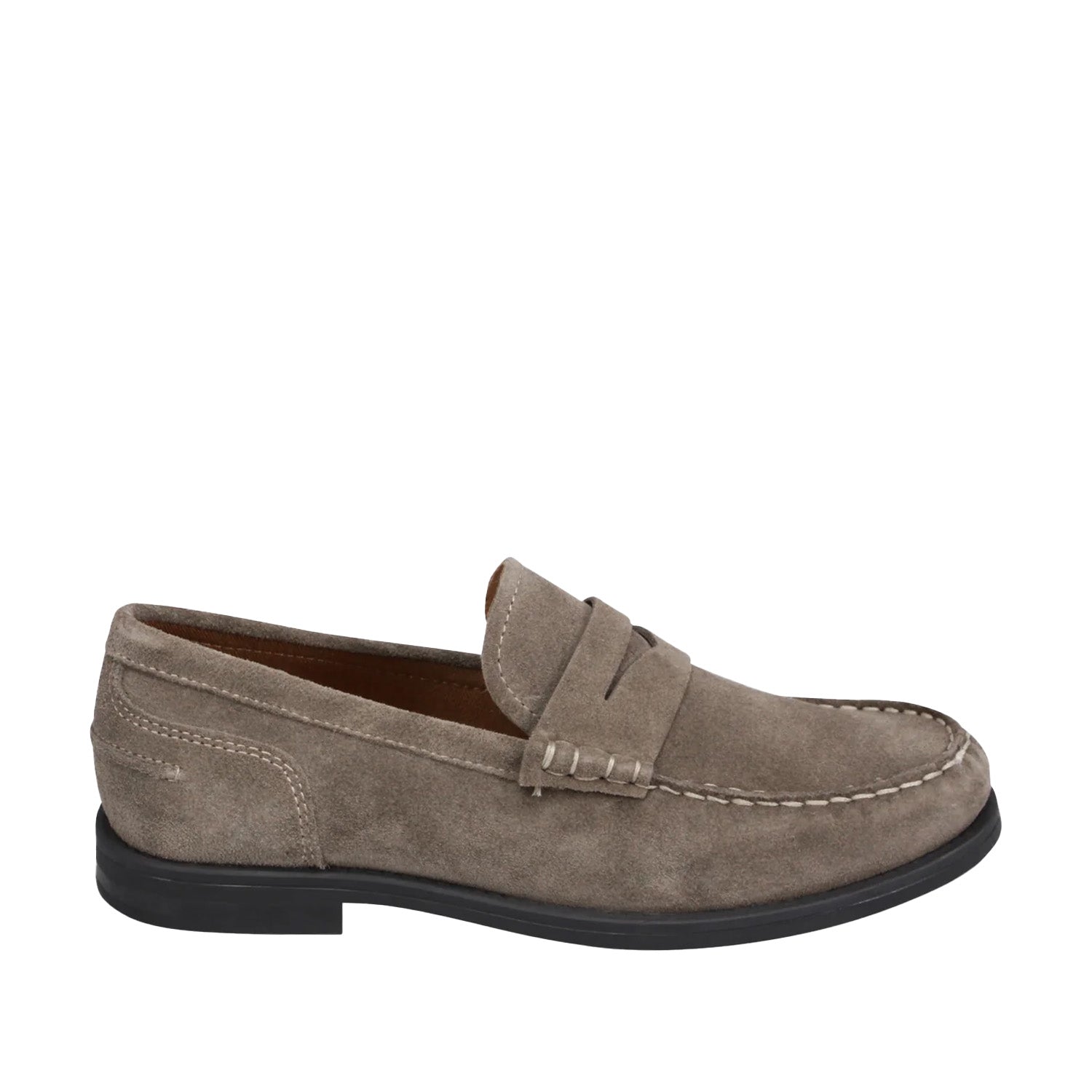 taupe suede penny loafer on a white background