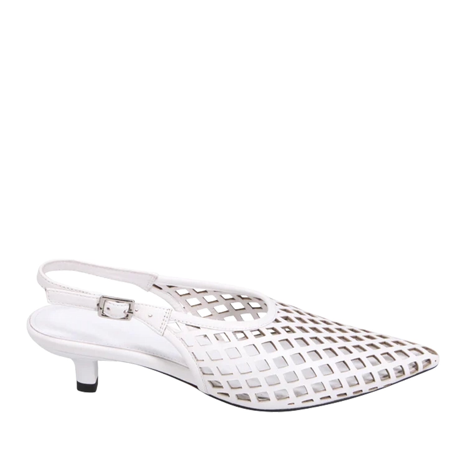 White woven leather kitten heel with a pointed toe on a white background.