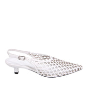 White woven leather kitten heel with a pointed toe on a white background.
