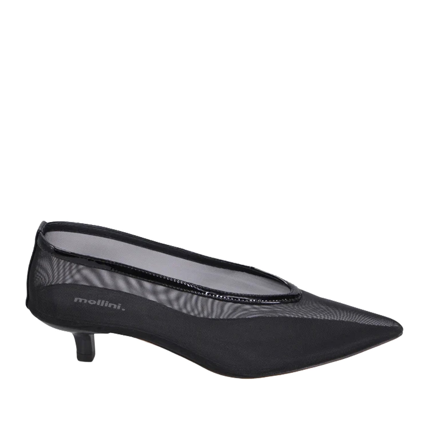 Black mesh kitten heel with a pointed toe on a white background.