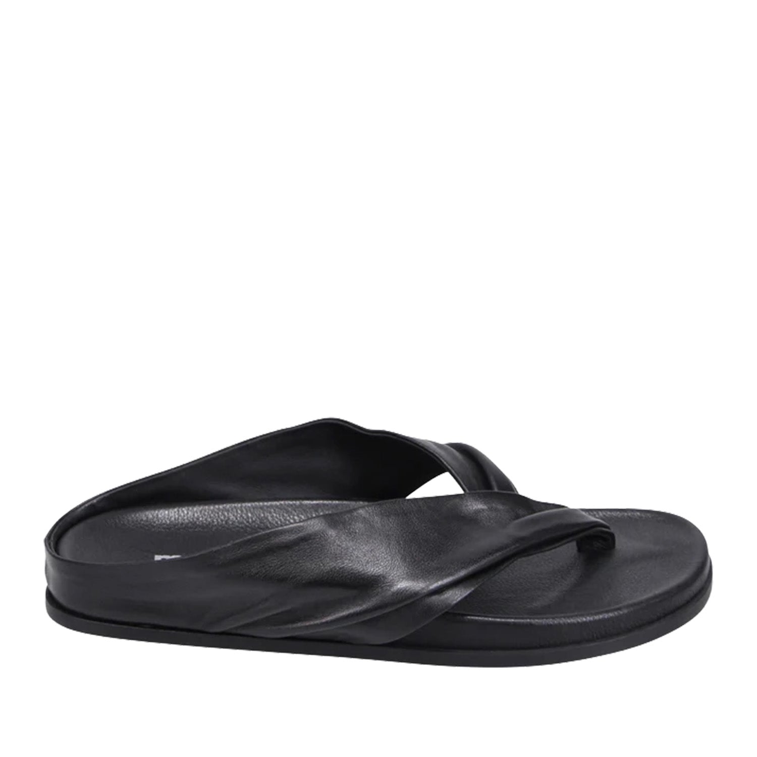 Black leather slip-on flip flop sandal with a twist strap detail on a white background.