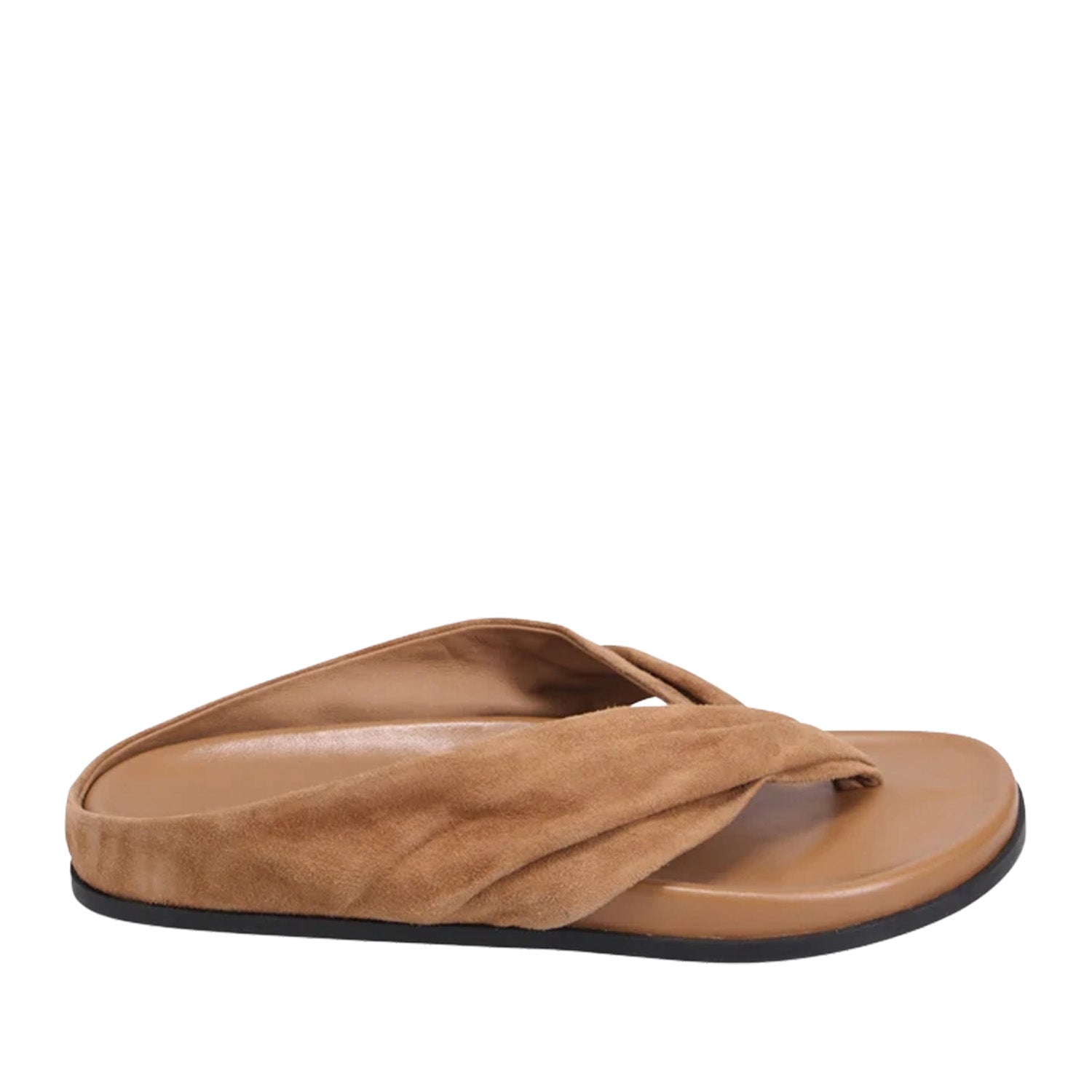 Brown leather slip-on flip flop sandal with a twist strap detail on a white background.
