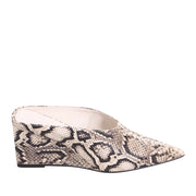 Snake print patterned wedge heel with a pointed toe on a white background.