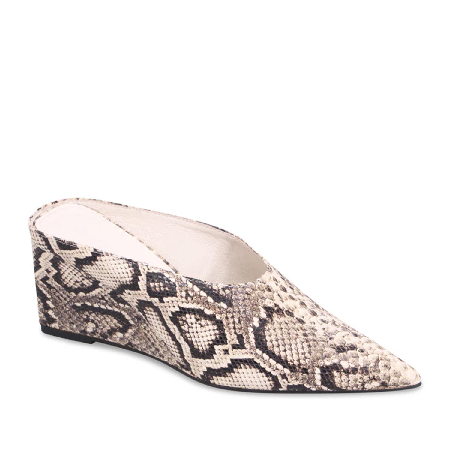 Snake print patterned wedge heel with a pointed toe on a white background.