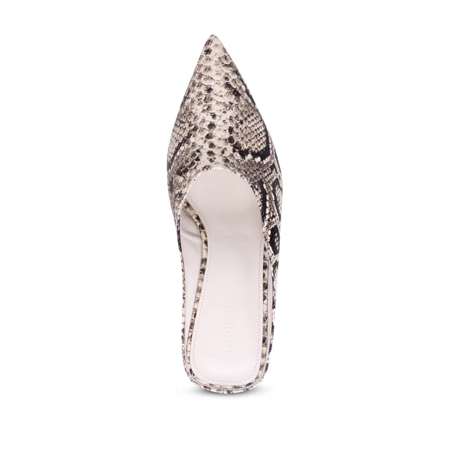 Snake print patterned wedge heel with a pointed toe on a white background.