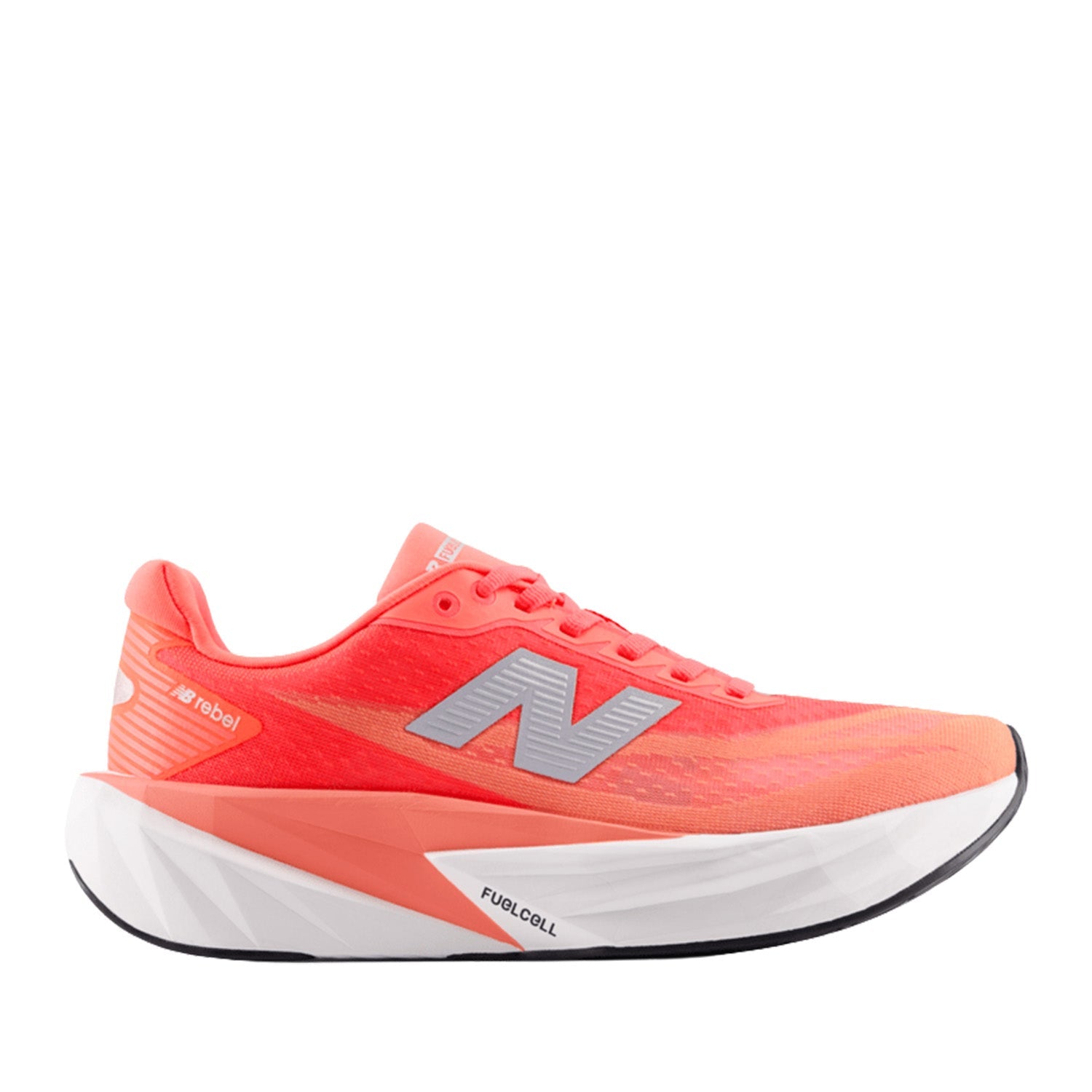 New Balance Women's FuelCell Rebel V5 in Urgent Red with NB 103 White and Silver Metallic