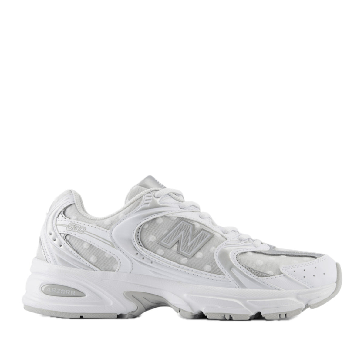 New Balance Women's 530 in White/Silver Metallic Polka Dot