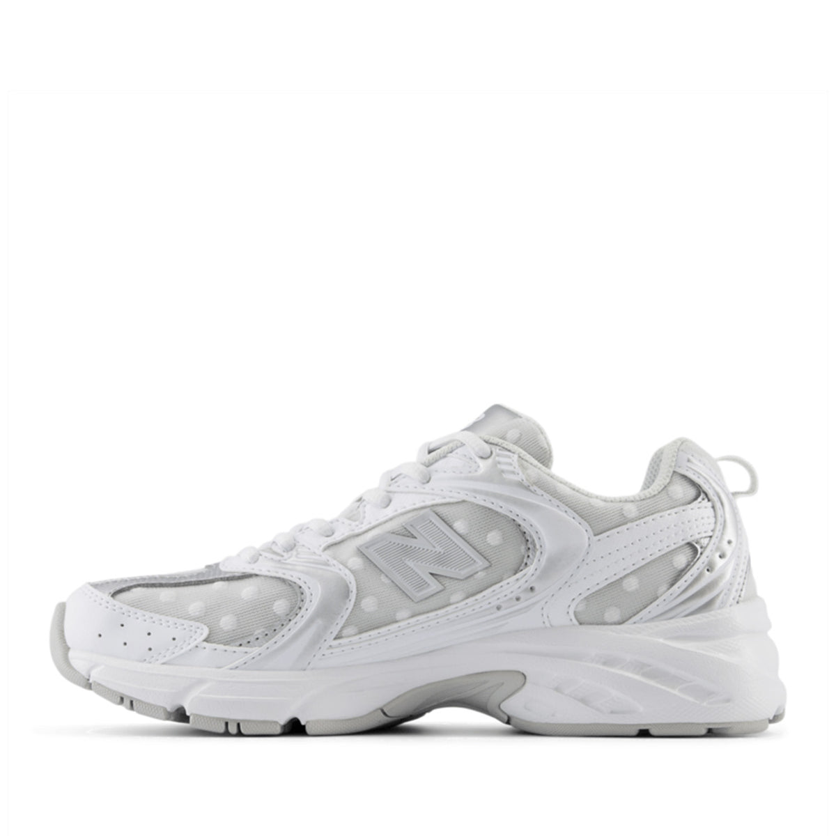 New Balance Women's 530 in White/Silver Metallic Polka Dot