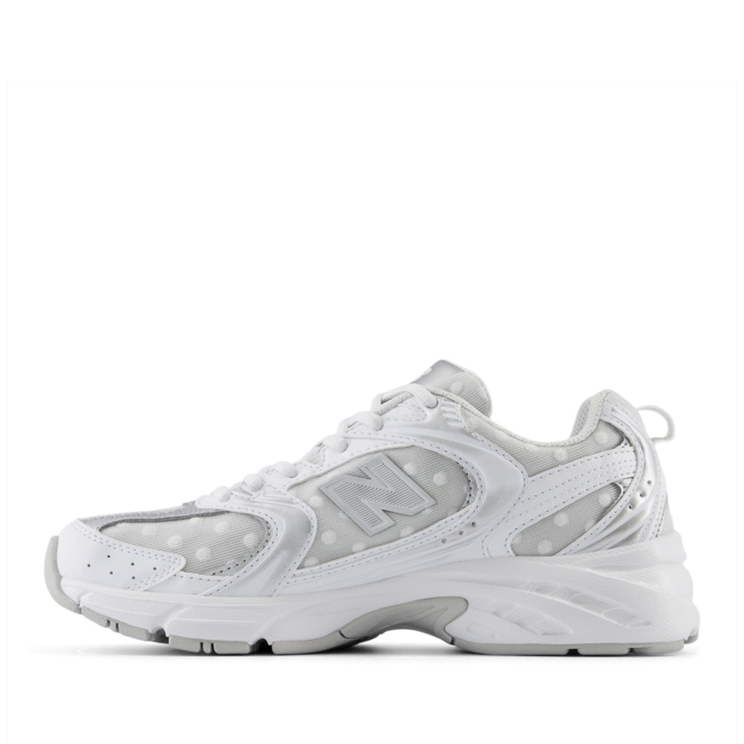 New Balance Women's 530 in White/Silver Metallic Polka Dot
