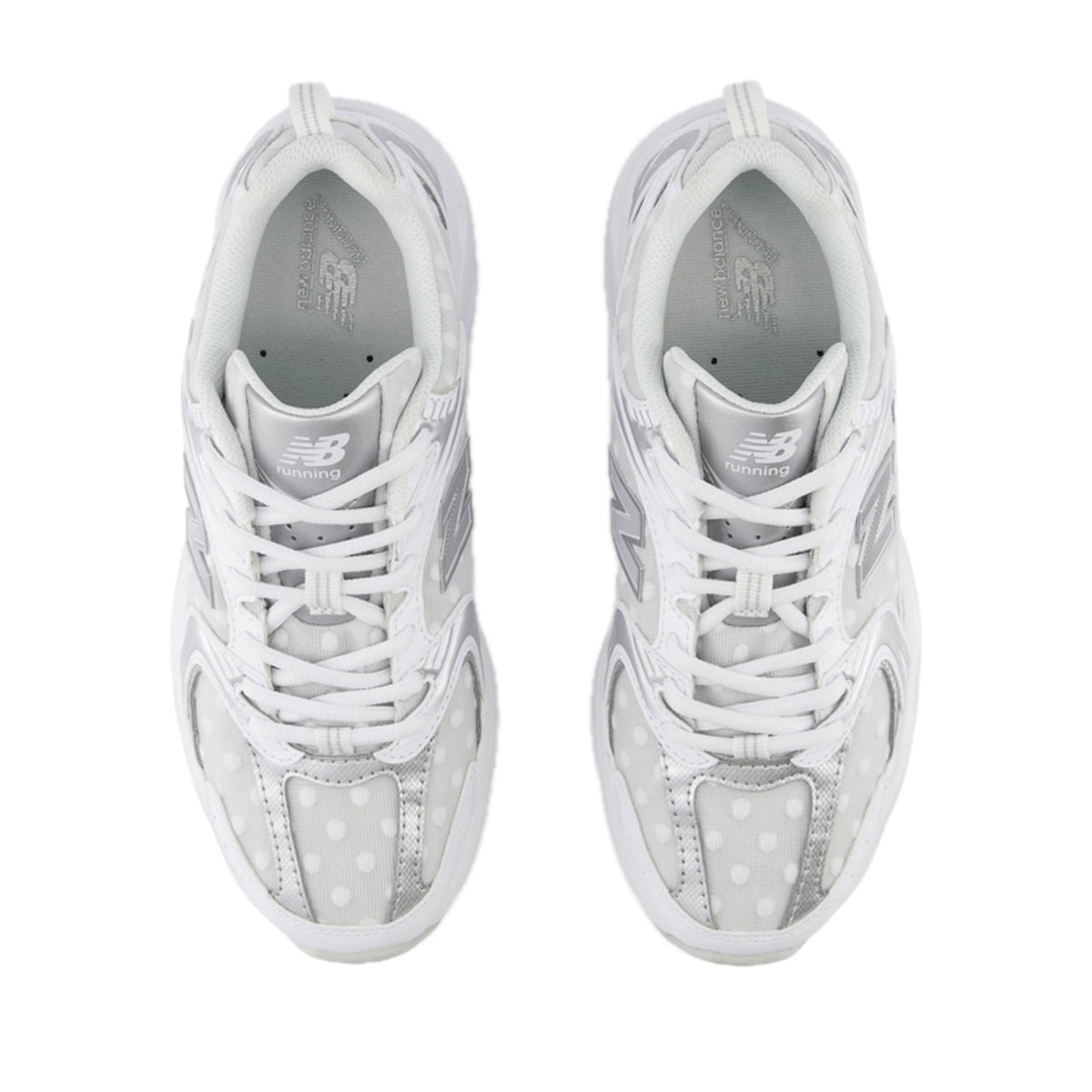 New Balance Women's 530 in White/Silver Metallic Polka Dot