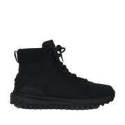 black lace-up winter hiking boot on a white background