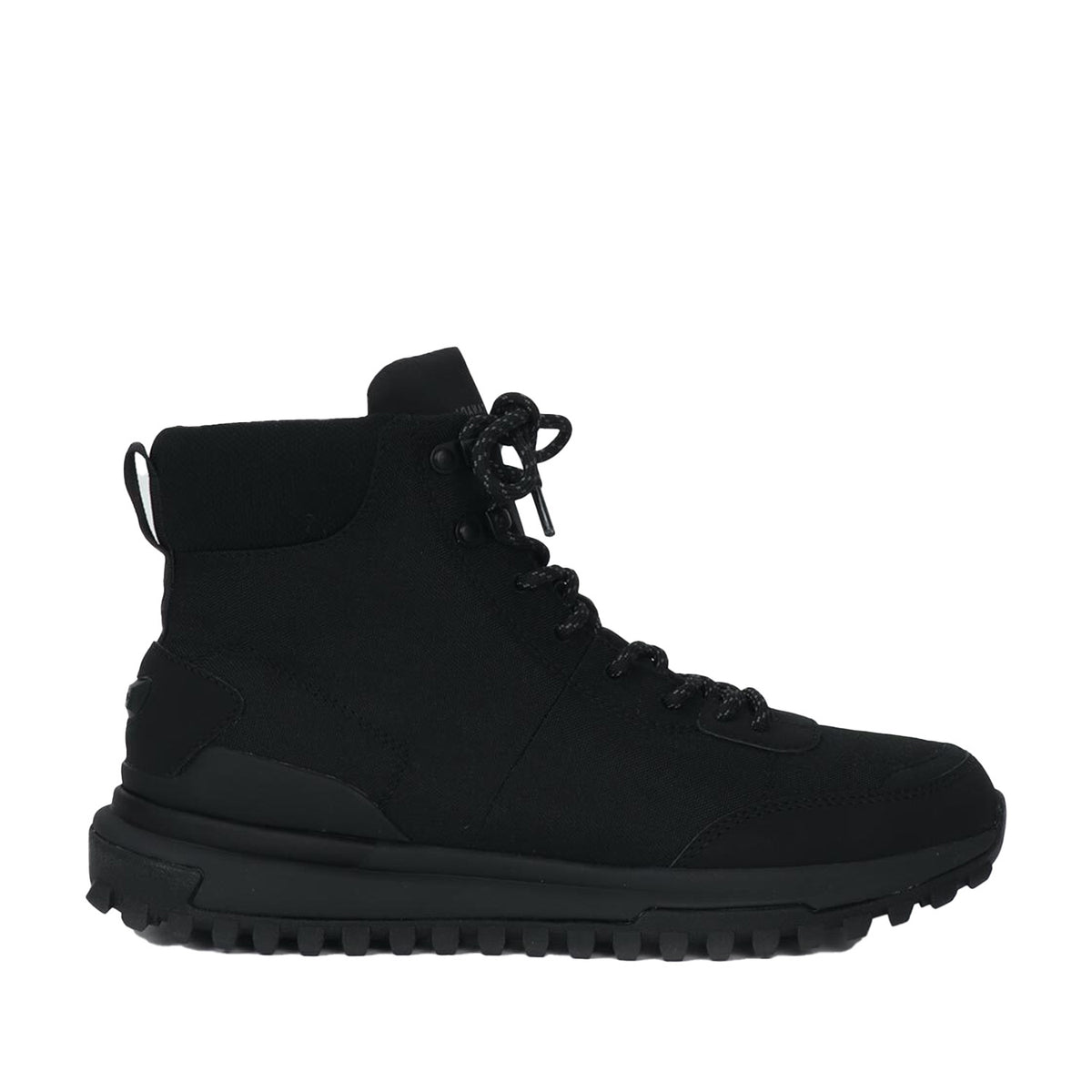 black lace-up winter hiking boot on a white background