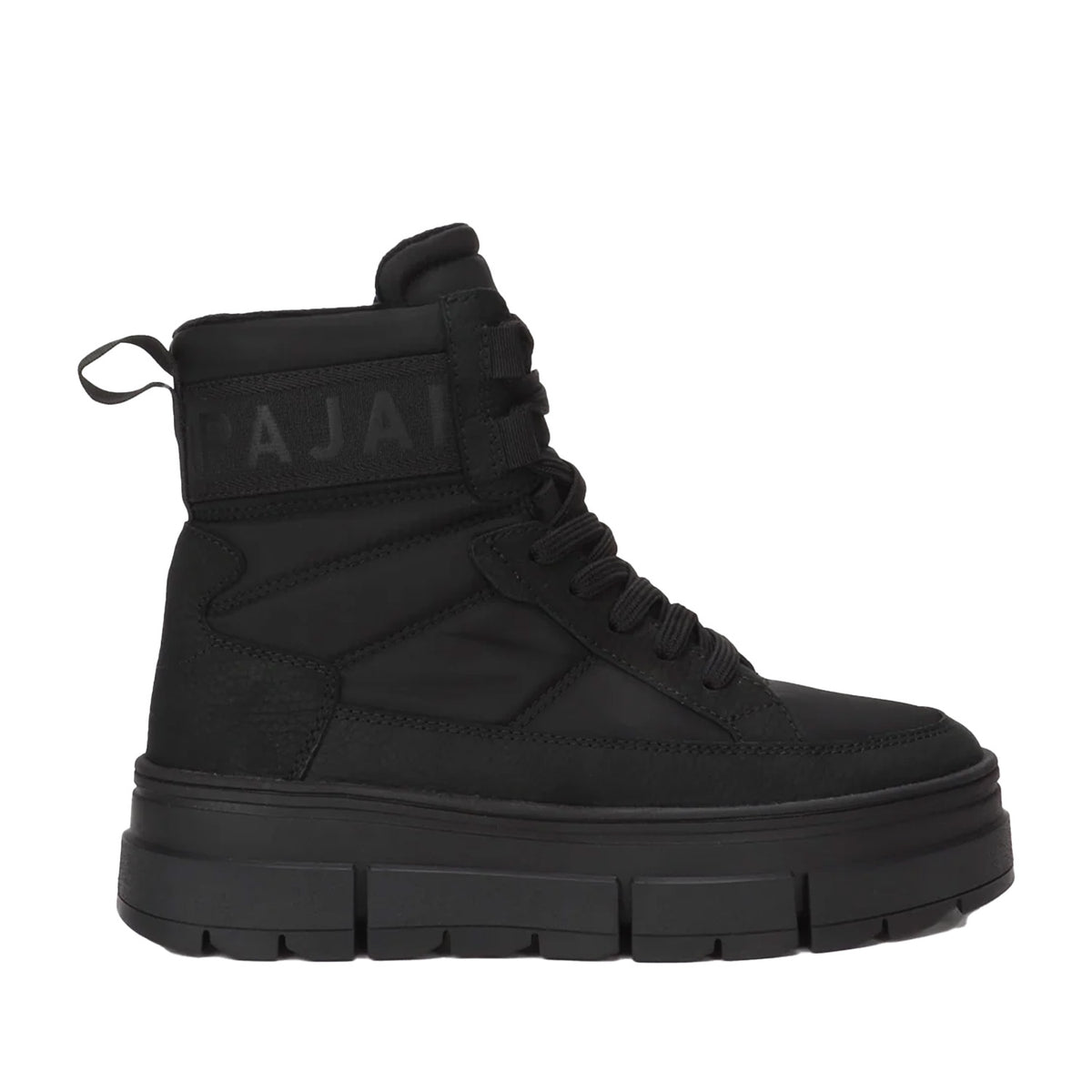 black waterproof quilted nylon lace-up platform lug sole boot on a white background