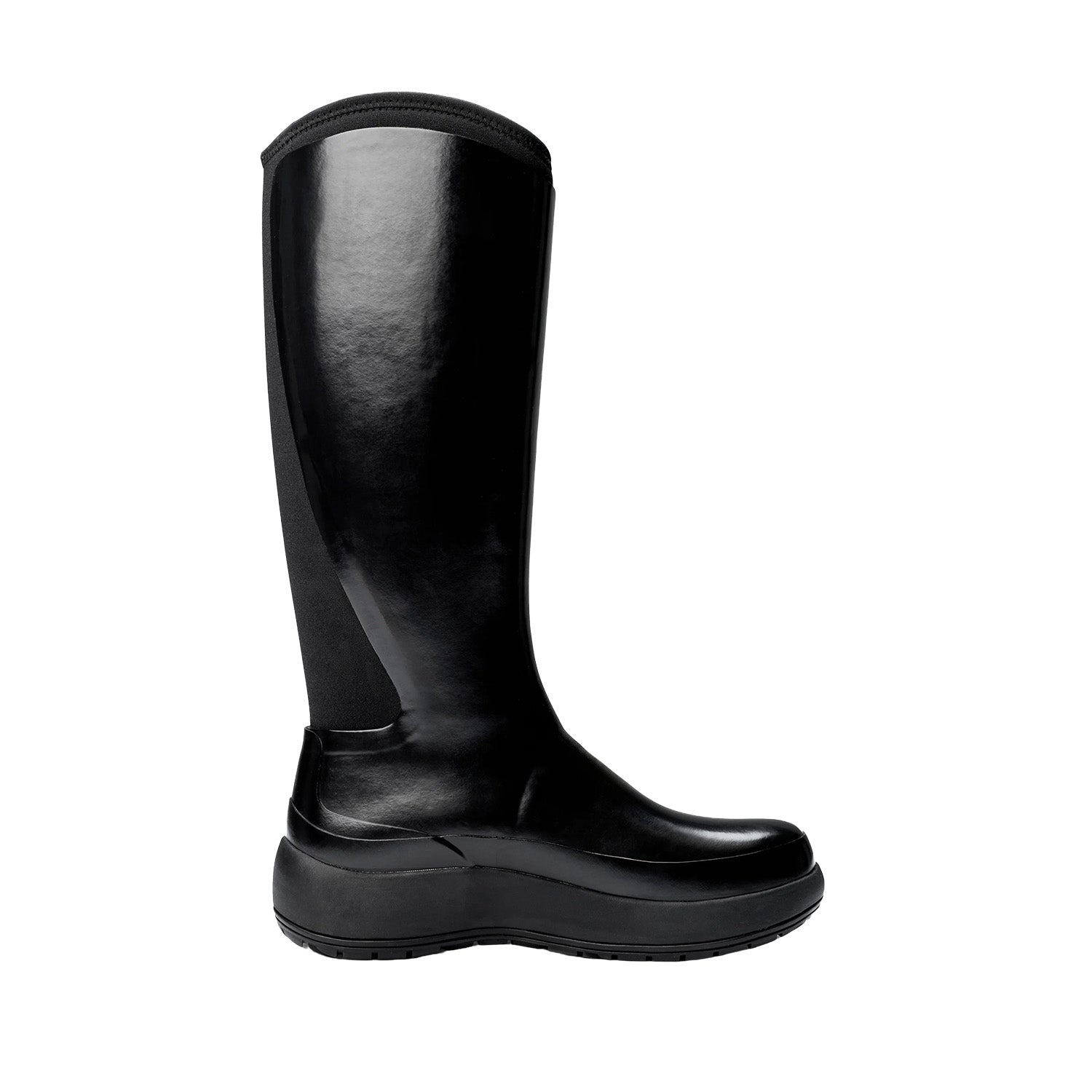 glossy black knee high waterproof boot on a white background