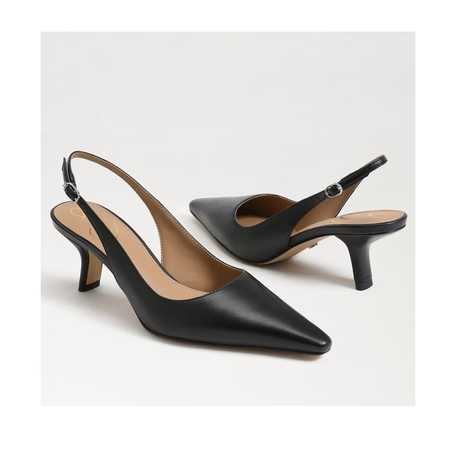 Black leather slingback heel with a pointed toe