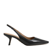 Black leather slingback heel with a pointed toe