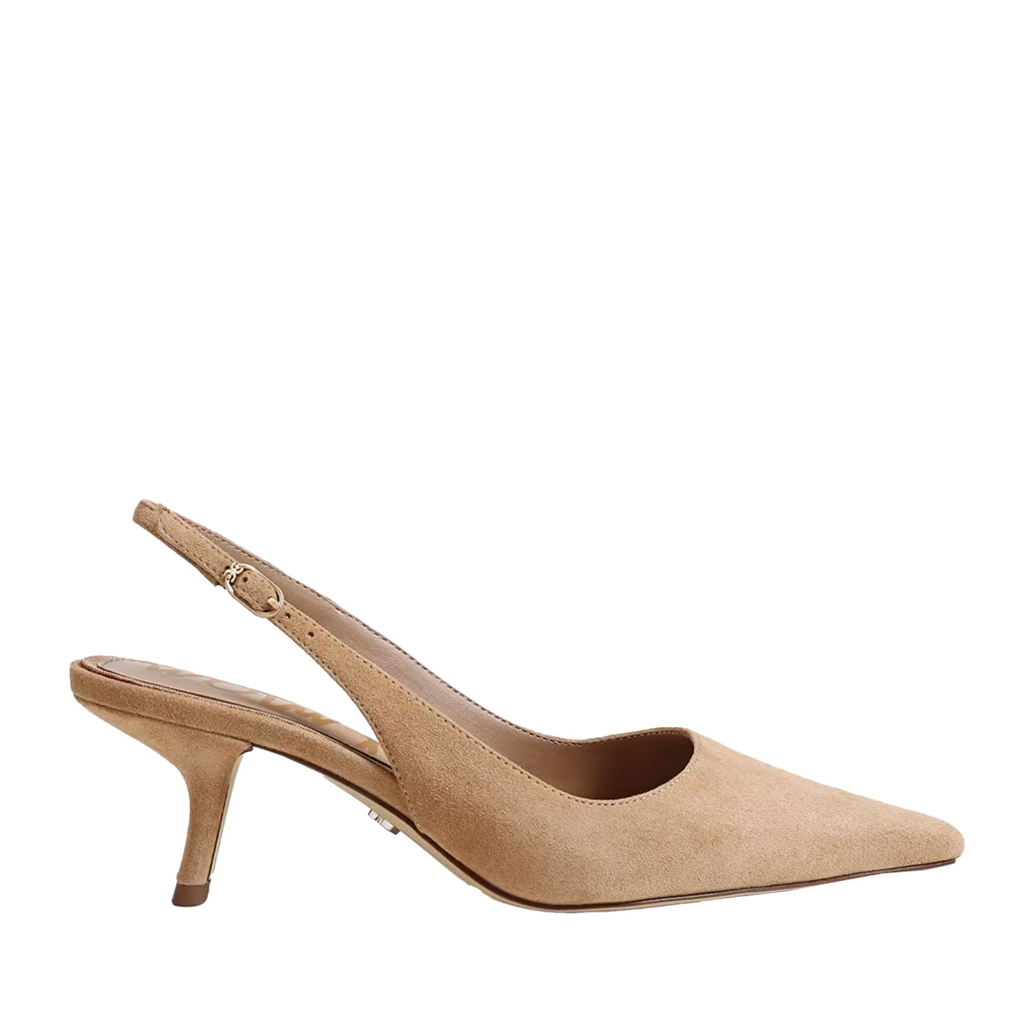 Tan suede slingback heel with a pointed toe