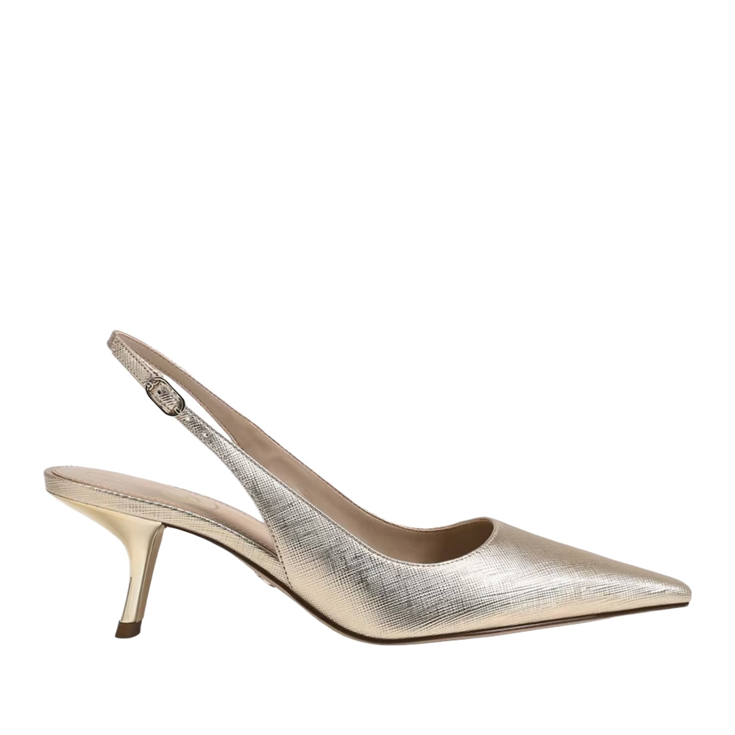 Gold metallic slingback heel with a pointed toe