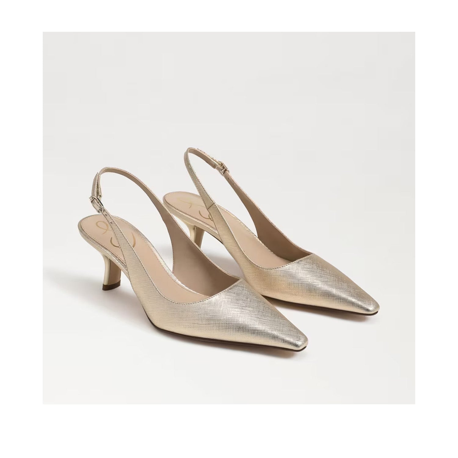 Gold metallic slingback heel with a pointed toe