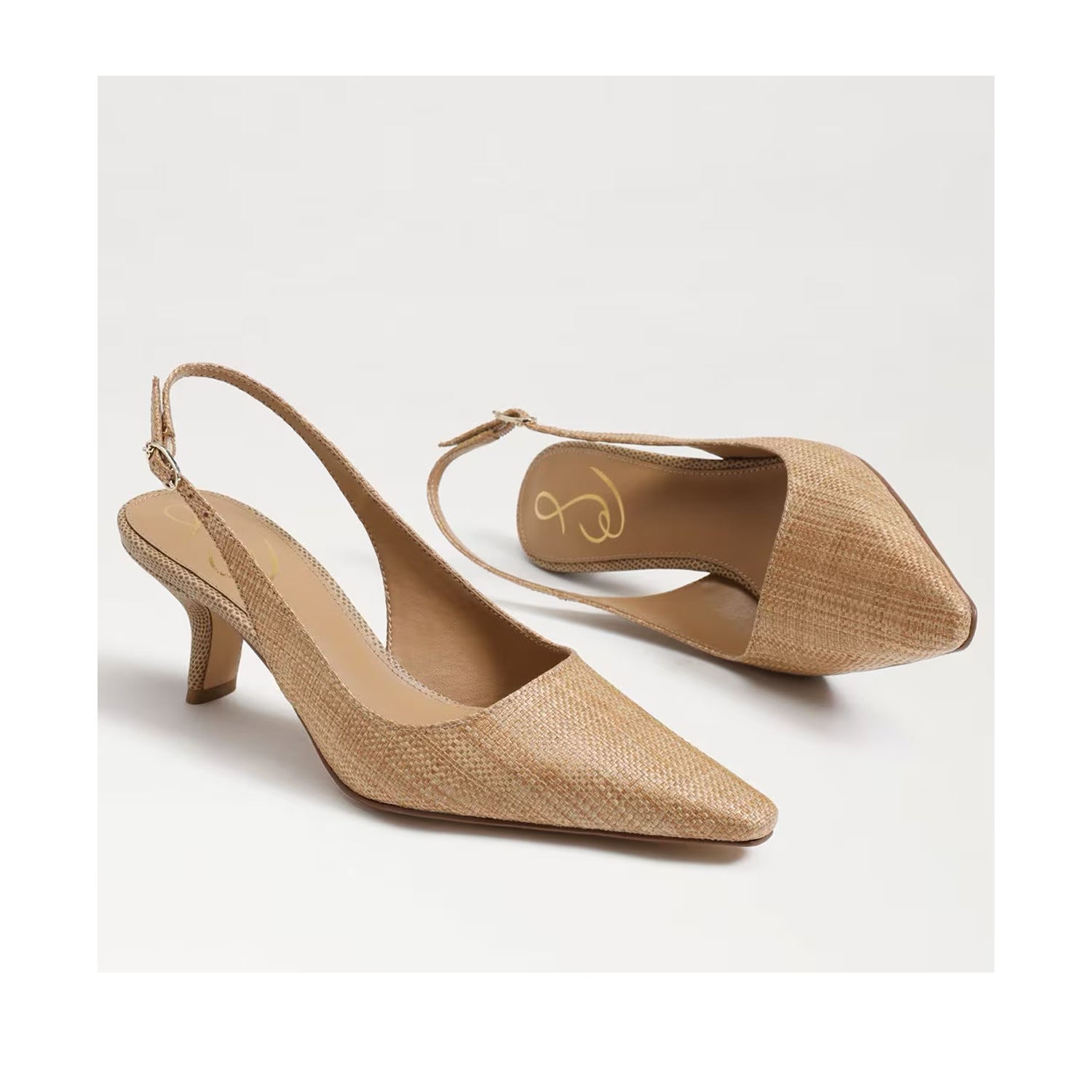 Tan raffia slingback heel with a pointed toe