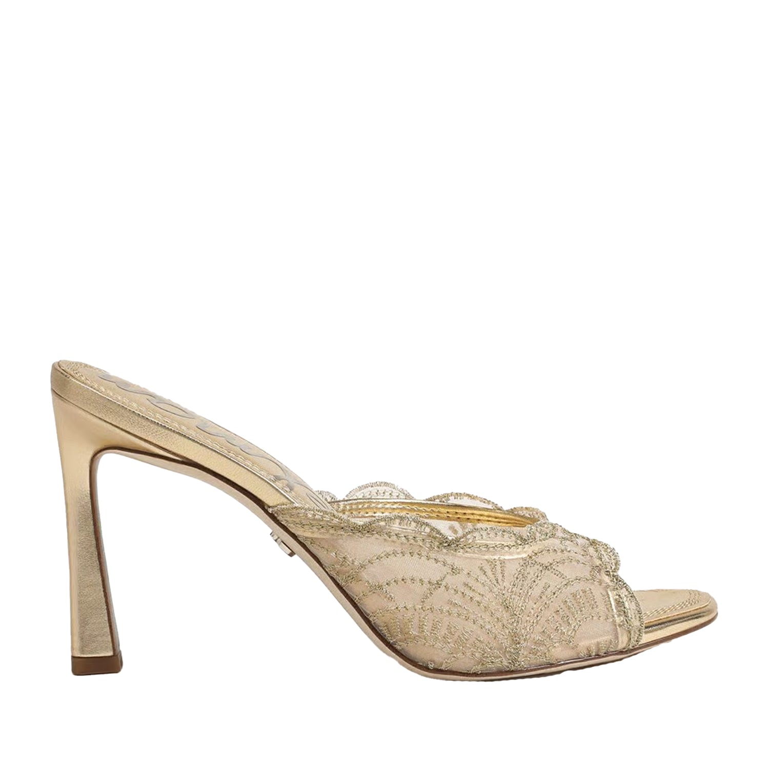 Gold metallic slip-on high-heeled mule with lace detailing on a white background.