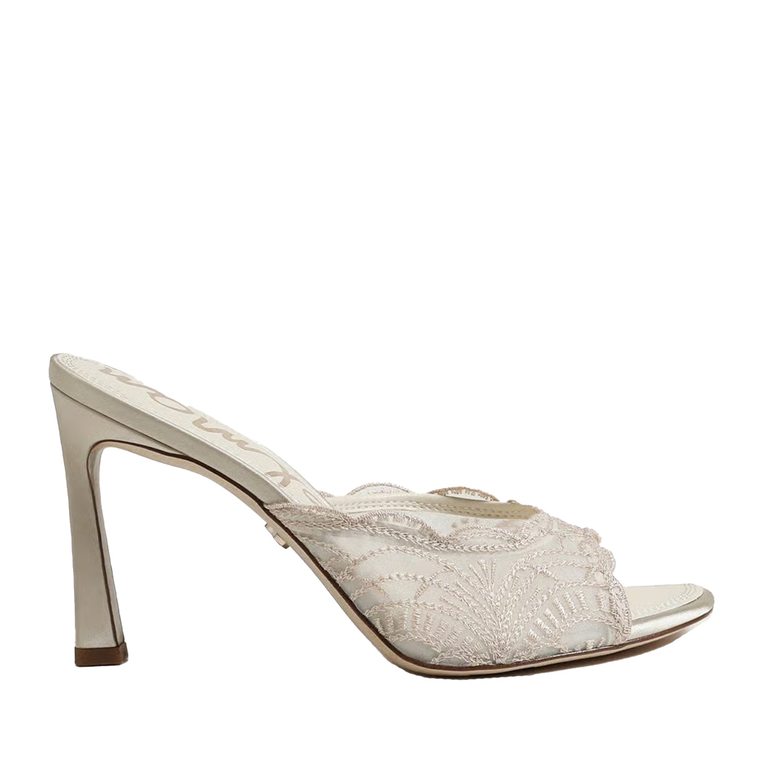 Off-White slip-on high-heeled mule with lace detailing on a white background.