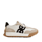 Beige and white sneaker with black logo on a white background