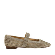 Gold knit mary jane flat on white background