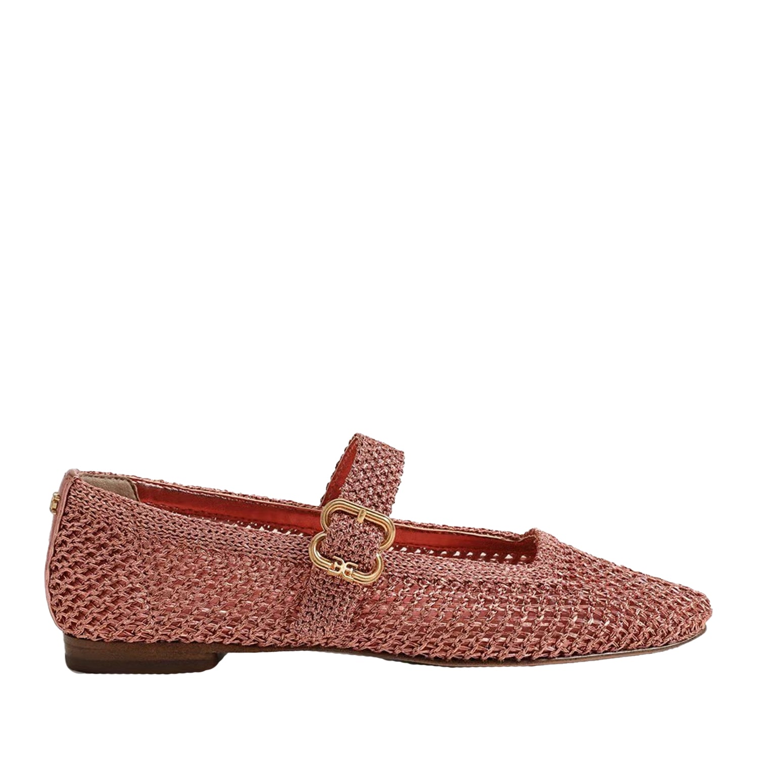 Pink flat shoe with a gold buckle on a white background