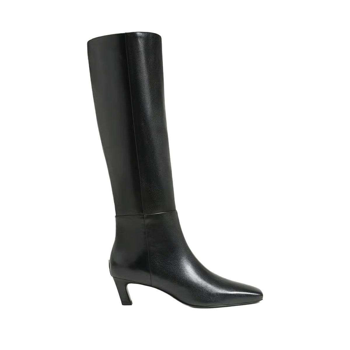 black leather heeled knee high boot on a white background