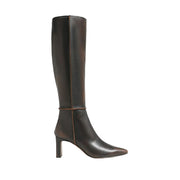 brown leather heeled knee high moto boot on a white background