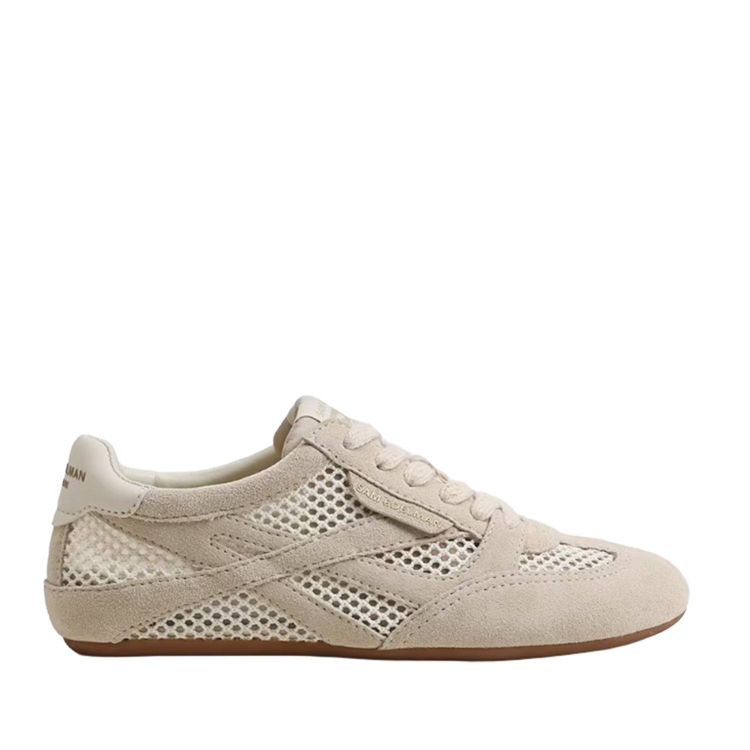 Beige sneaker with mesh design on a white background