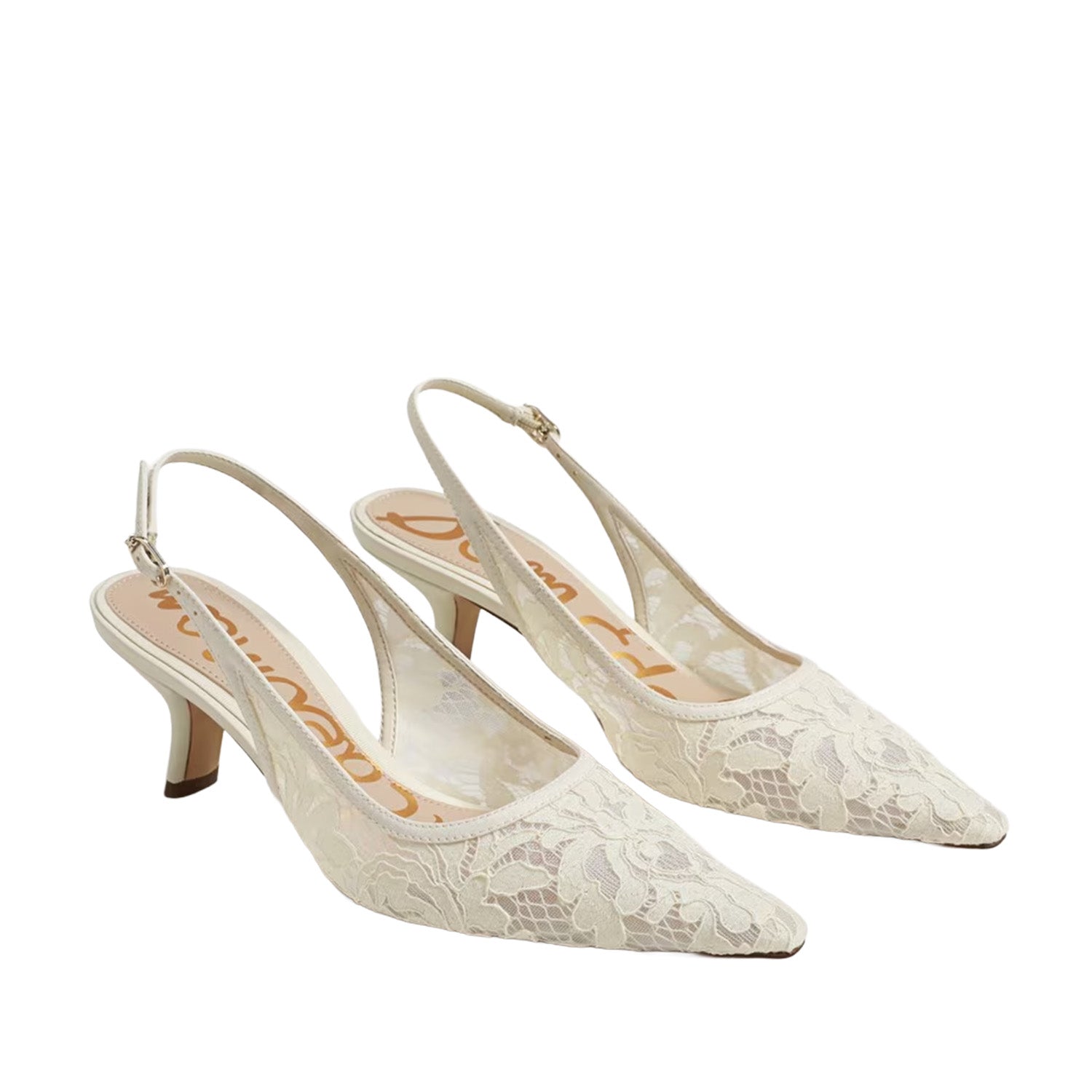 Off-white floral lace slingback heel with a pointed toe