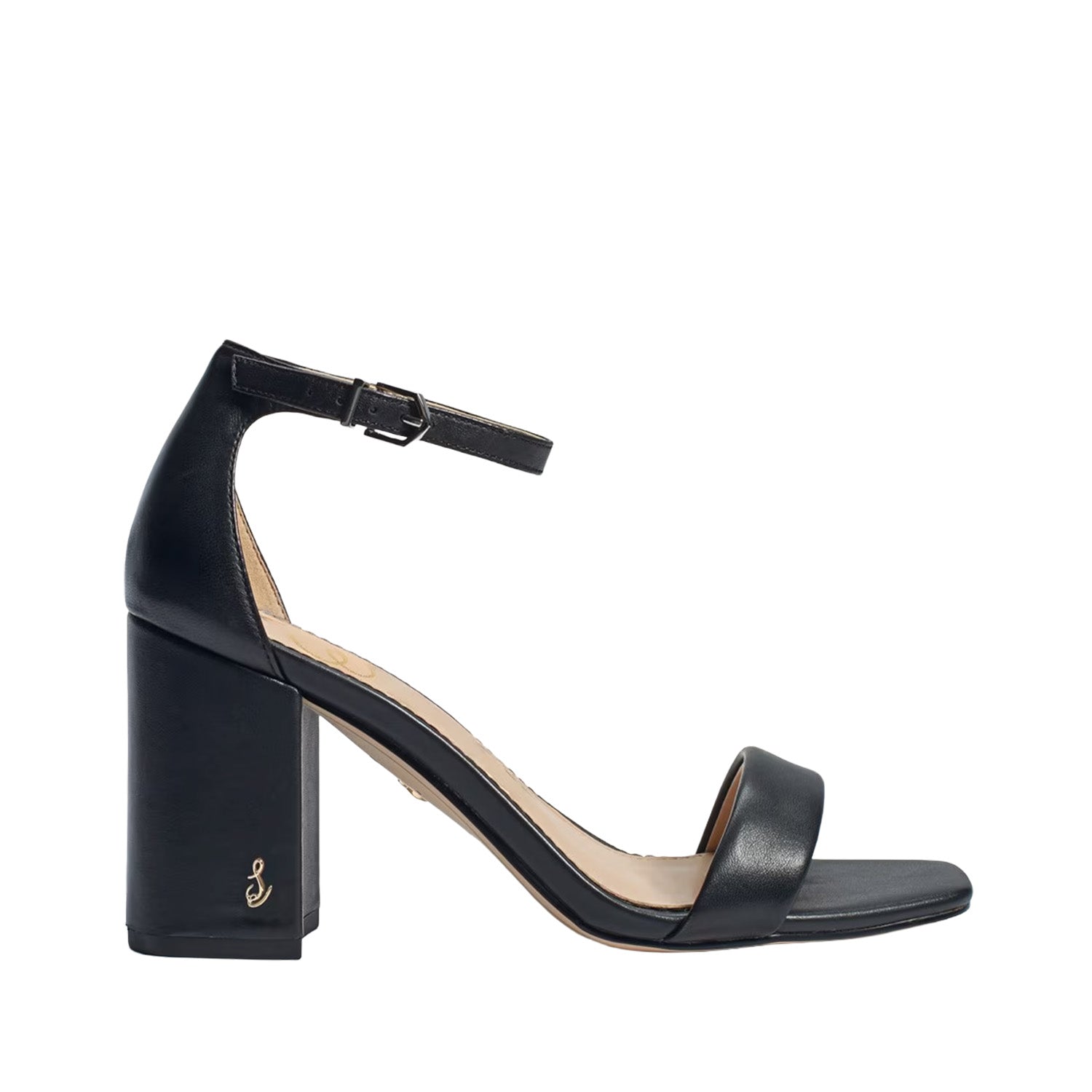 Black high-heeled sandal on a white background. 