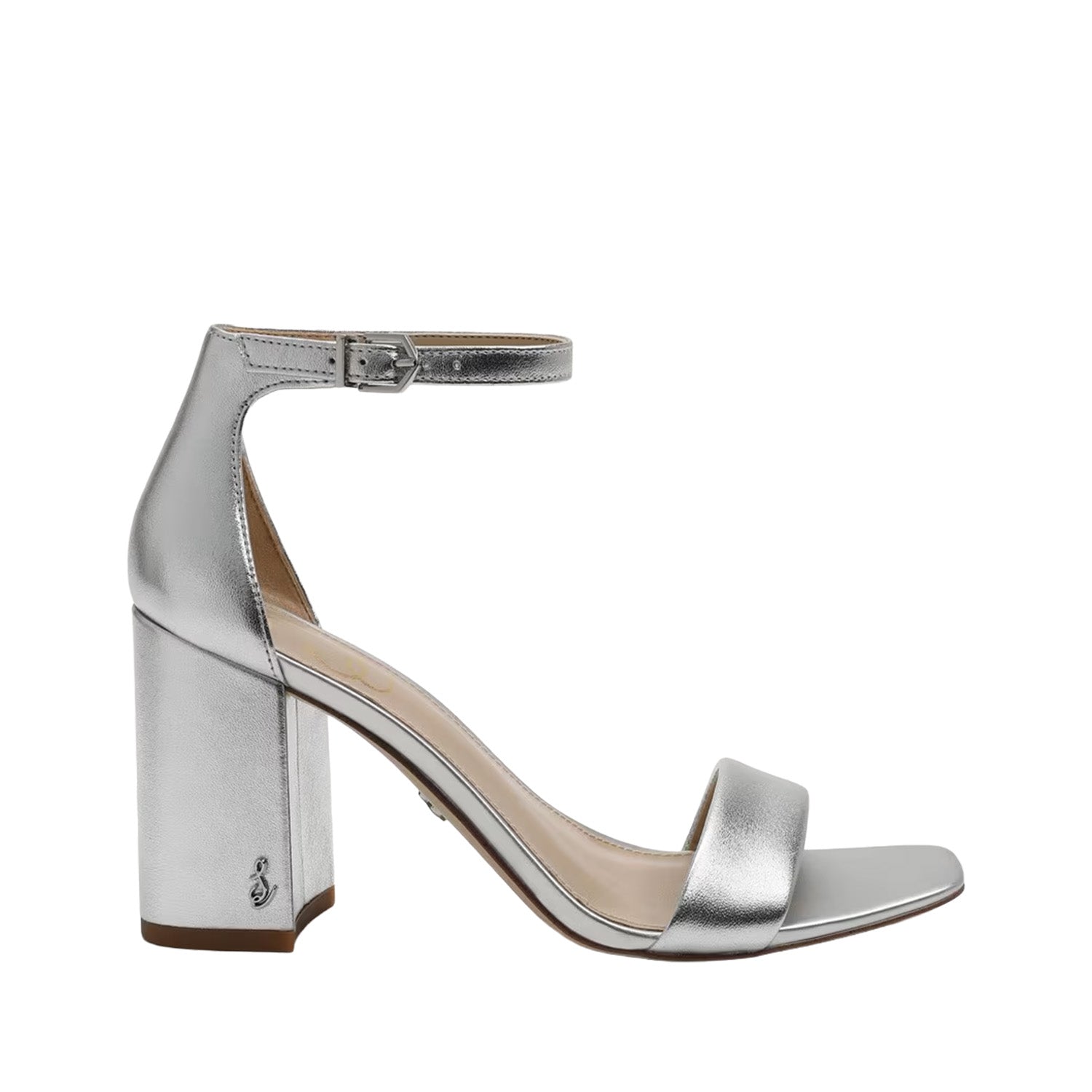 Silver high-heeled sandal on a white background