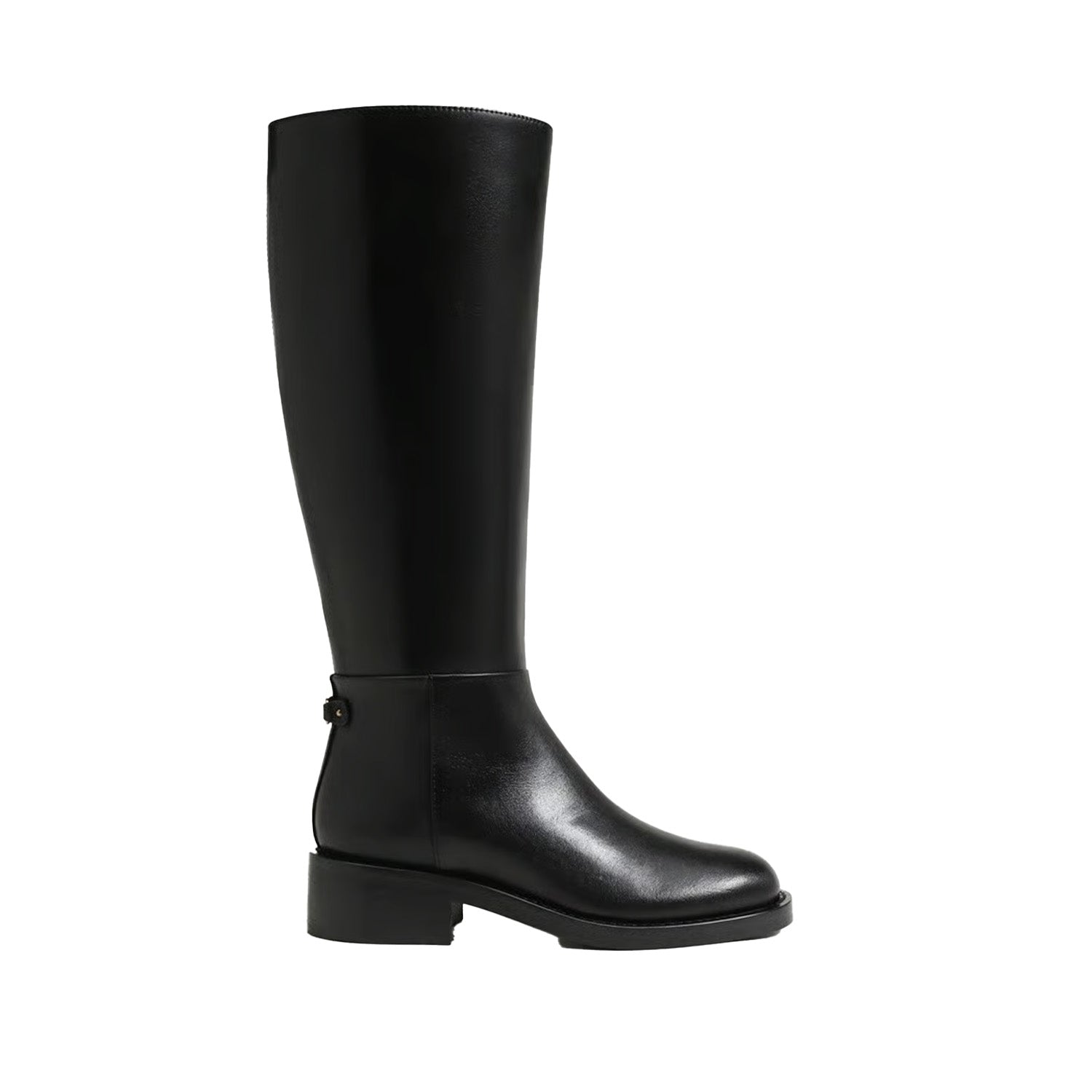 black leather riding boot on a white background