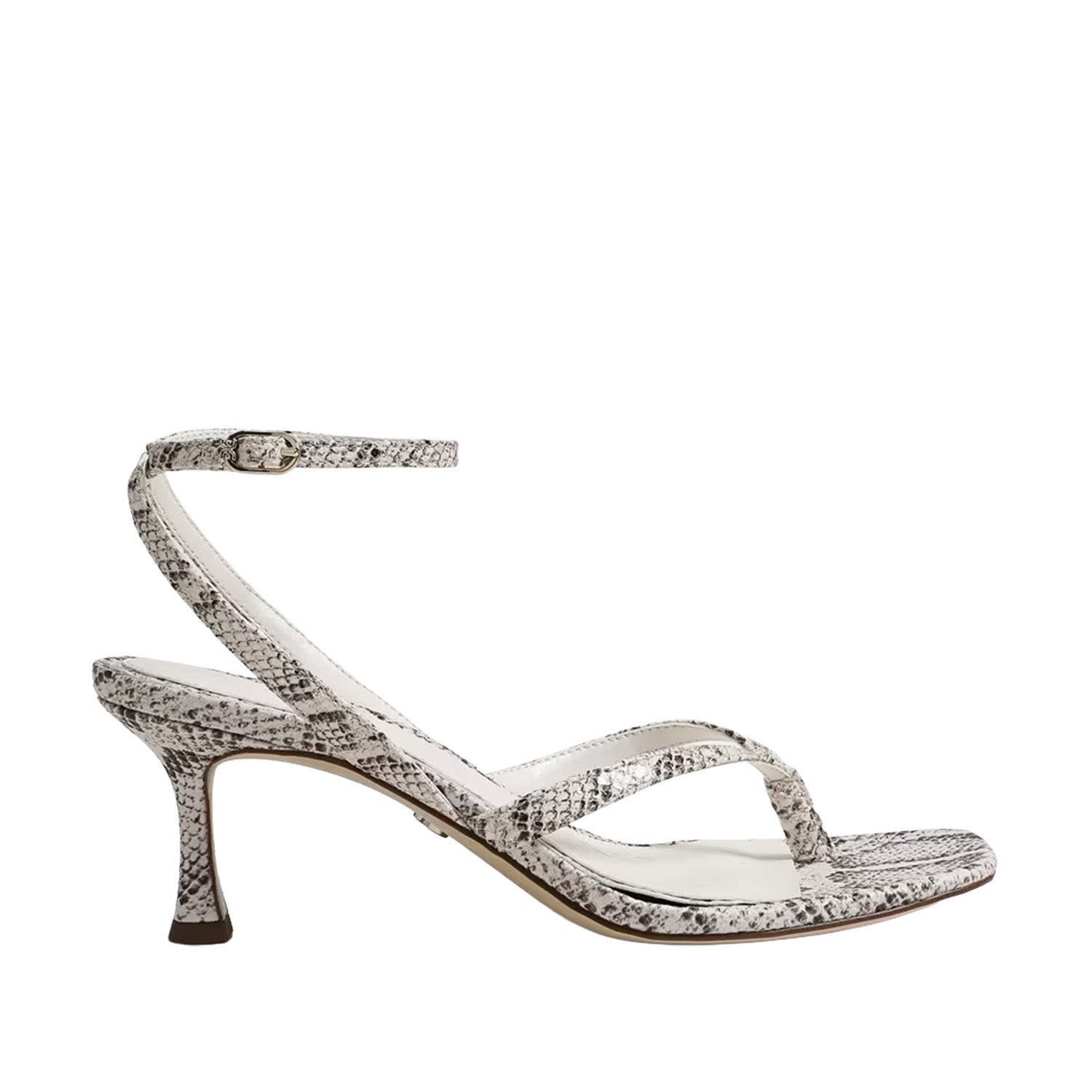Snake animal printed heeled sandal with a toe-post on a white background