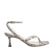 Snake animal printed heeled sandal with a toe-post on a white background