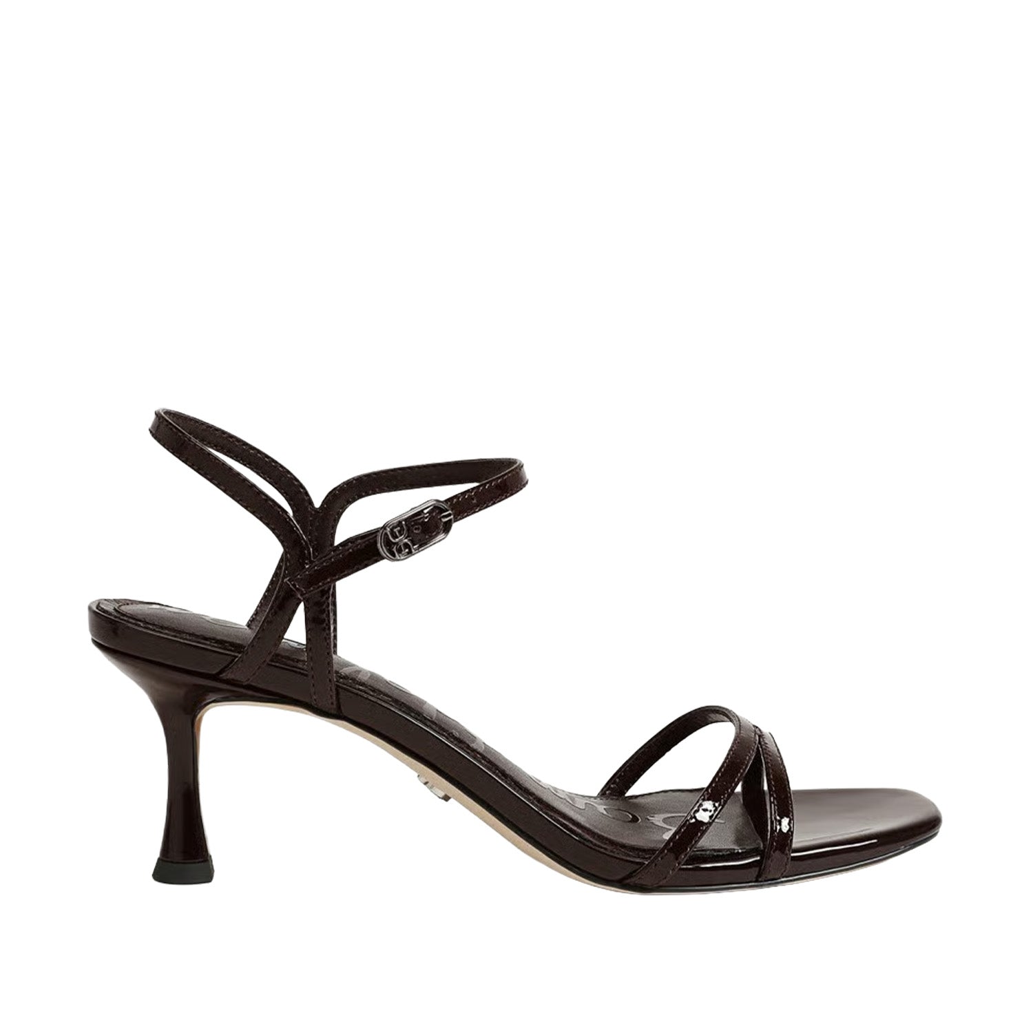 Dark brown heeled sandal on a white background.