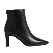 snakeskin pointed square toe heeled ankle boot on a white background