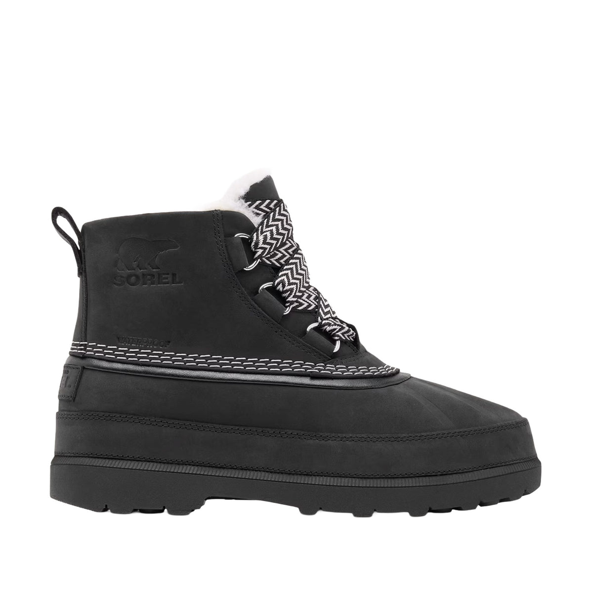 black waterproof nubuck shearling-lined lace-up boot with patterned laces on a white background