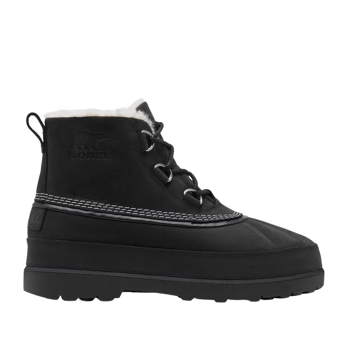 black waterproof nubuck shearling-lined lace-up boot with patterned laces on a white background