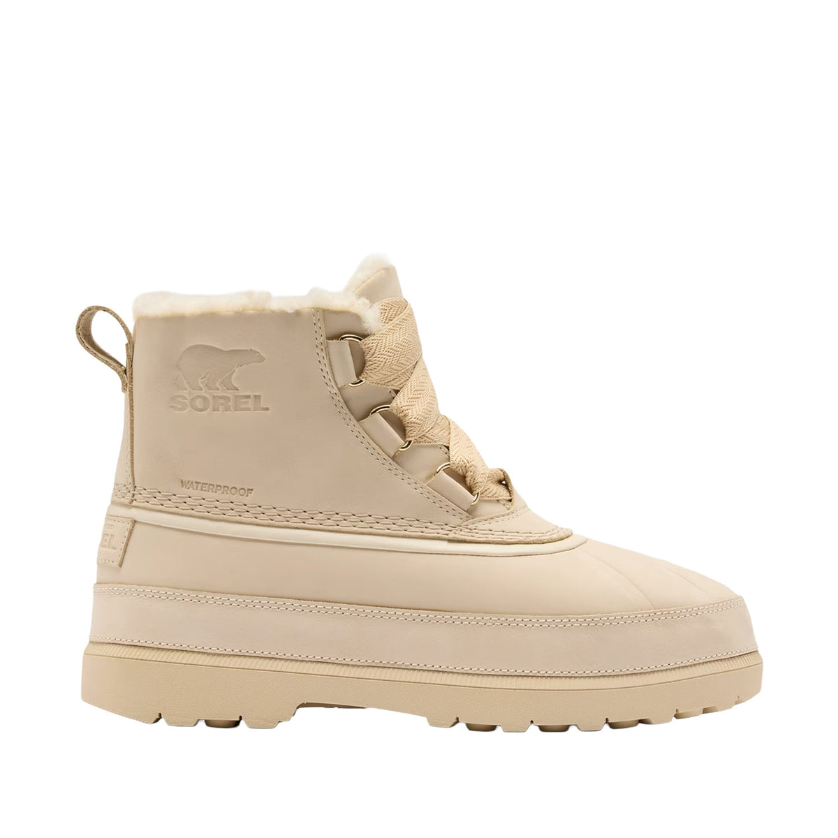 beige waterproof nubuck shearling-lined lace-up boot with orange patterned laces on a white background