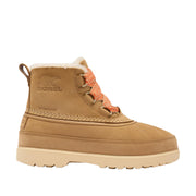 tan waterproof nubuck shearling-lined lace-up boot with orange patterned laces on a white background