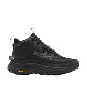 black waterproof hiker boot with lug sole on a white background